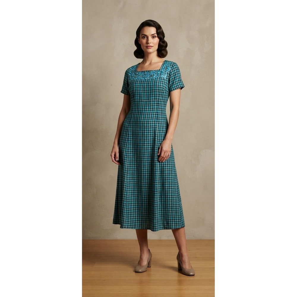 Vintage Sarah Elizabeth Maxi Dress Size 14 Teal Plaid Floral Embroidered Modest
